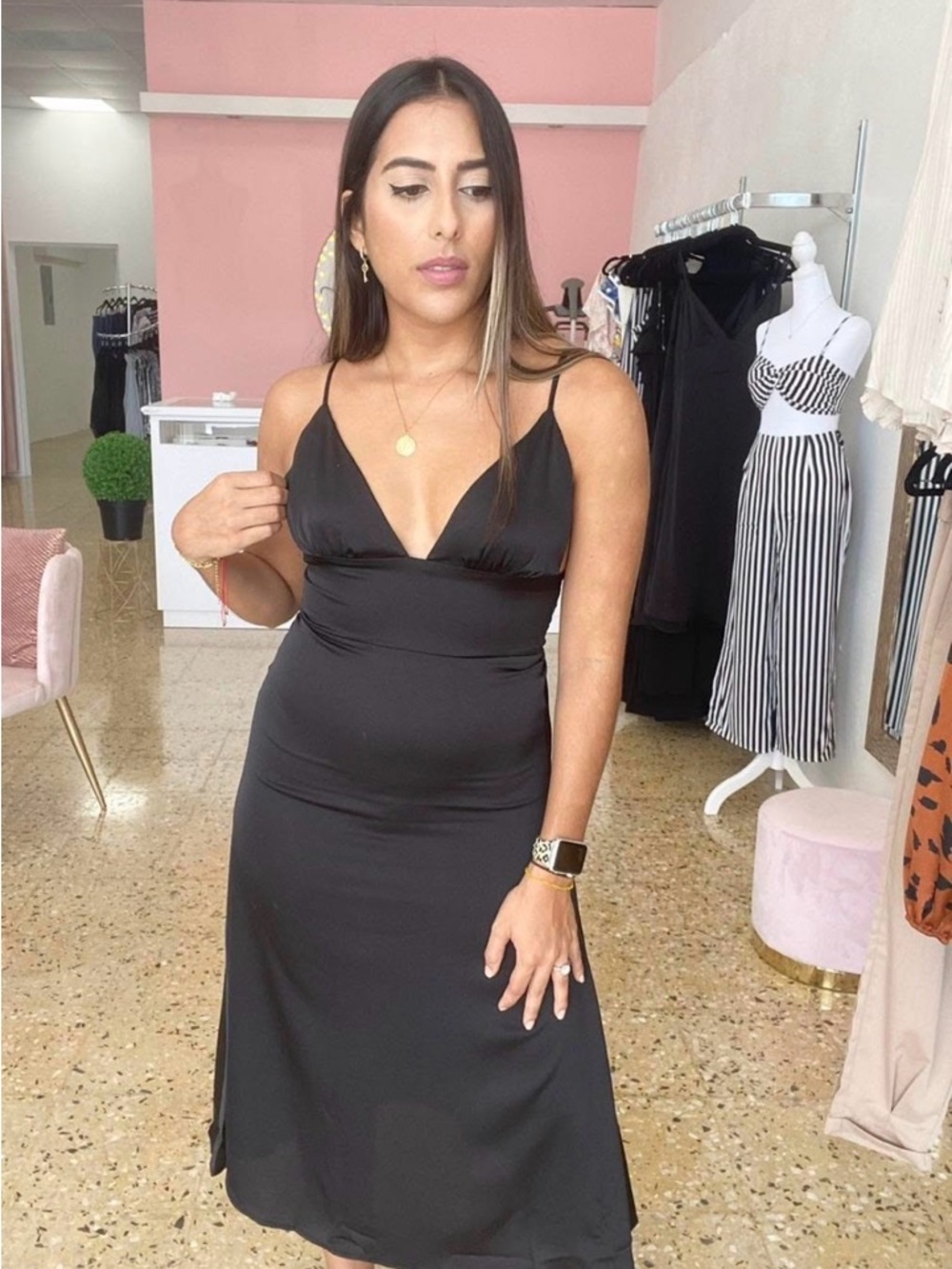 LA MIEL Black Satin Midi Slip Dress